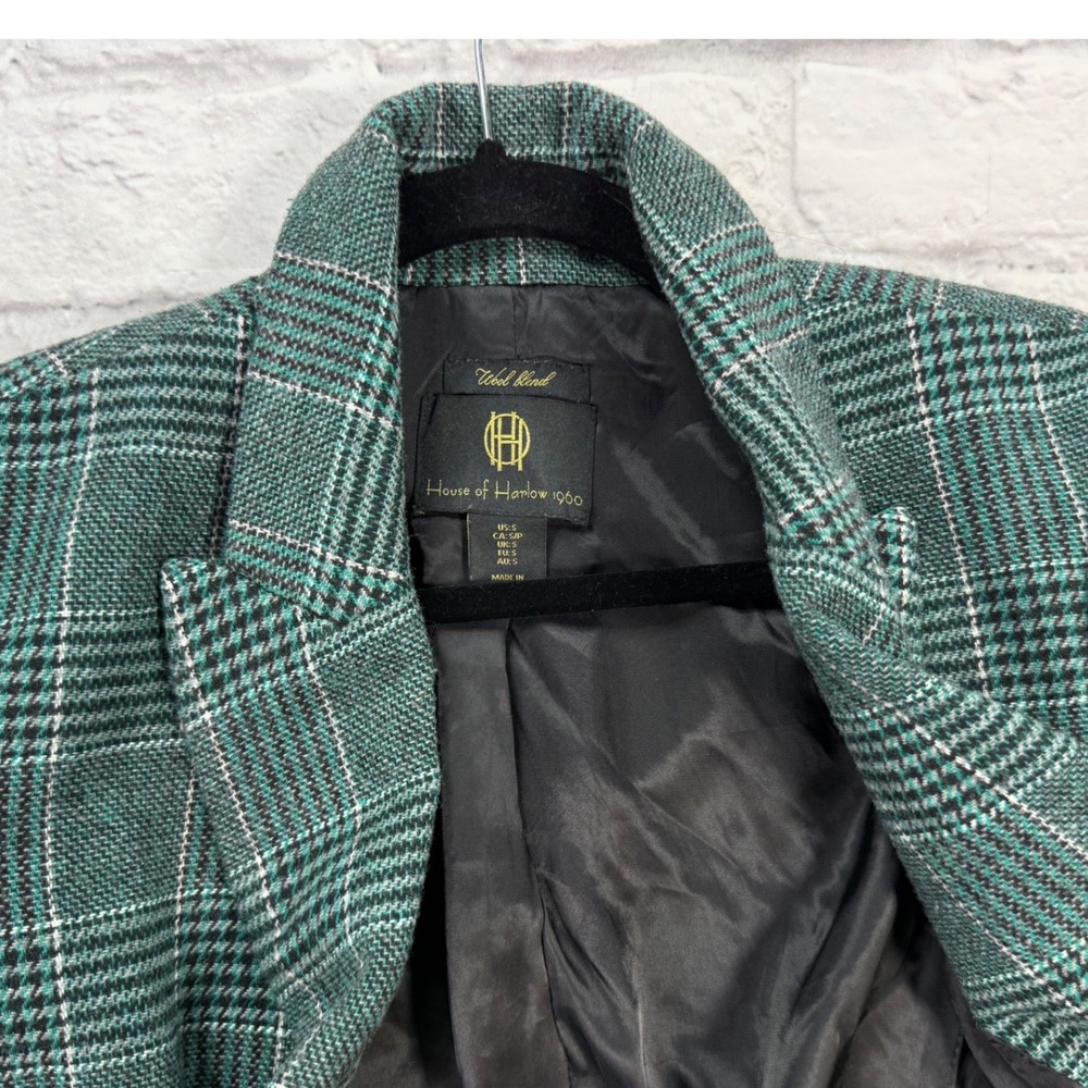 House of Harlow 1960 Blazer Womens Small Green Excellent Plaid Wool Blend Jacket - Picture 5 of 7